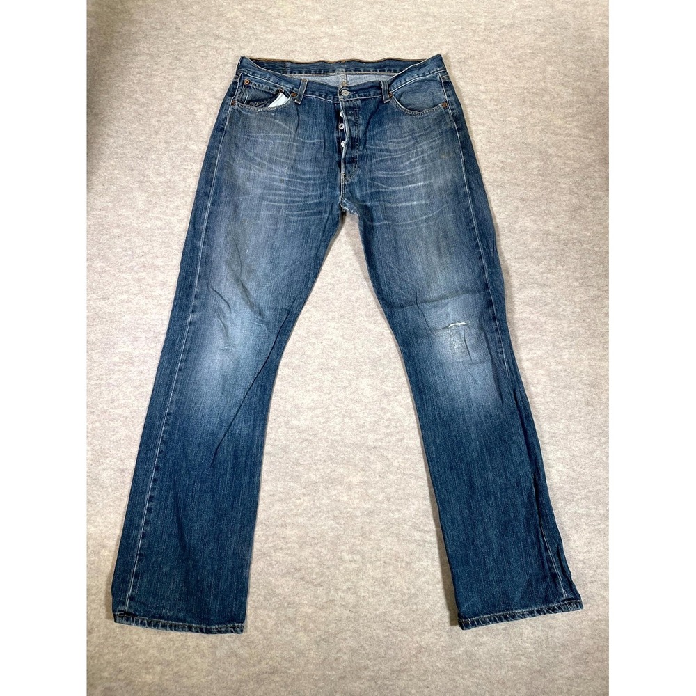 Levis 501 Original Fit Jeans Mens 36x34 Blue Whisker Denim Cotton Logo Mid Rise